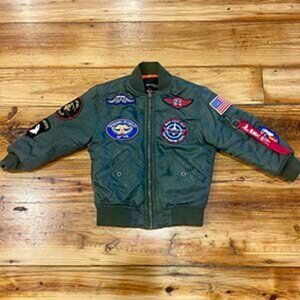 Kids Green Bomber Jacket with Patches ("Top Gun-esque")